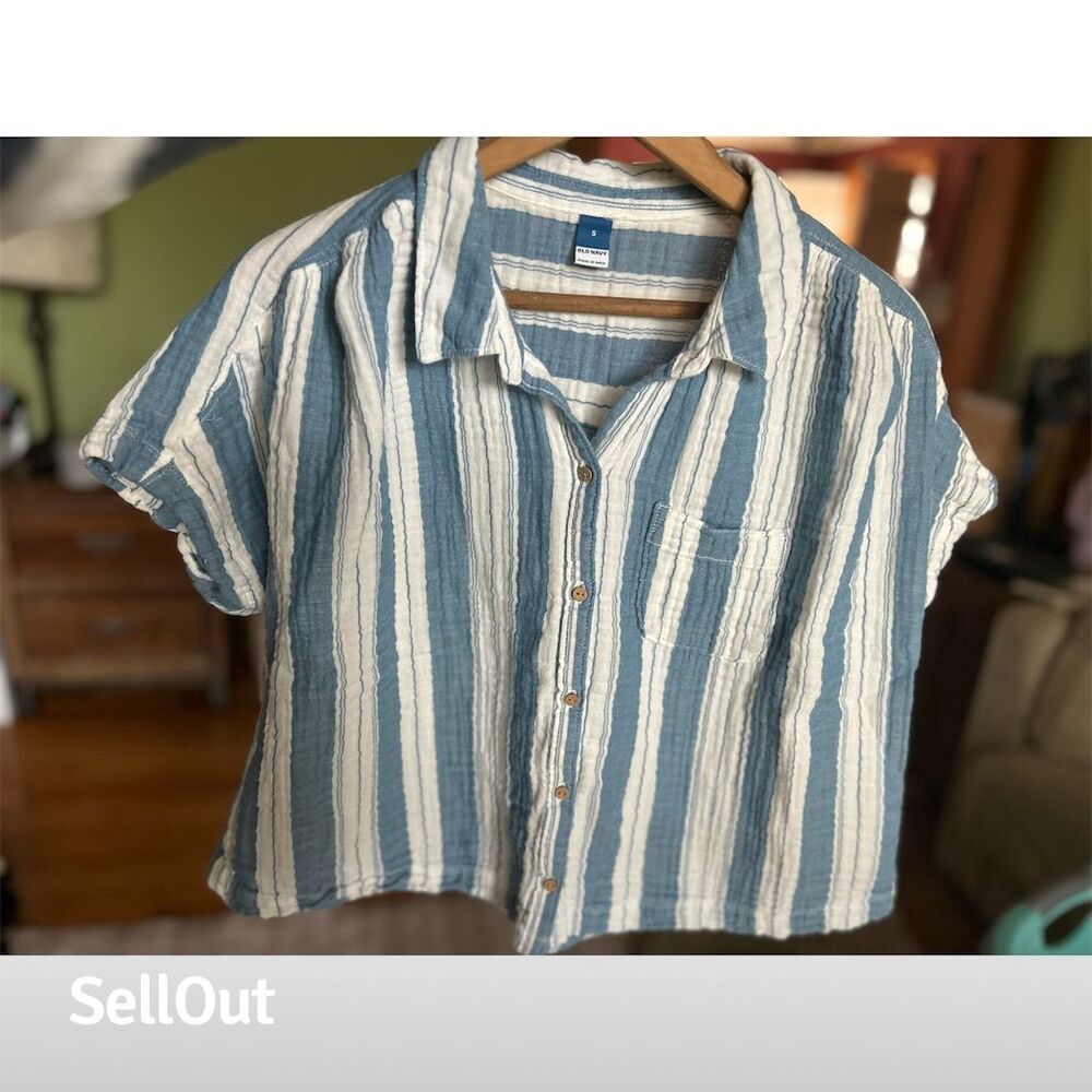 Old Navy Women's 100% Cotton S Blue Striped Cropped Button-Up Top Short Sleeve